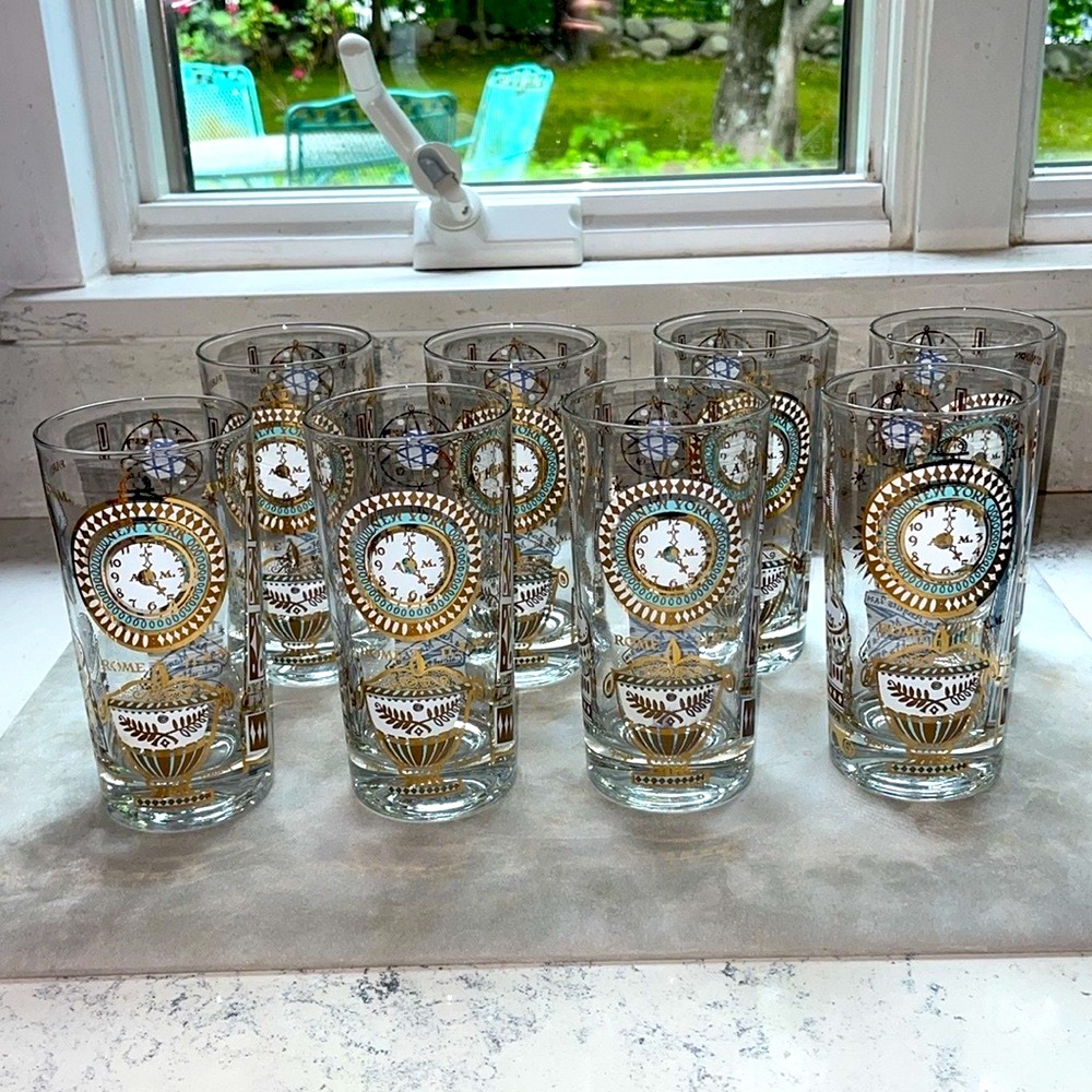 George Briard Highball Glasses 22 Karat World Time Zone Graphics Set of 8 MCM